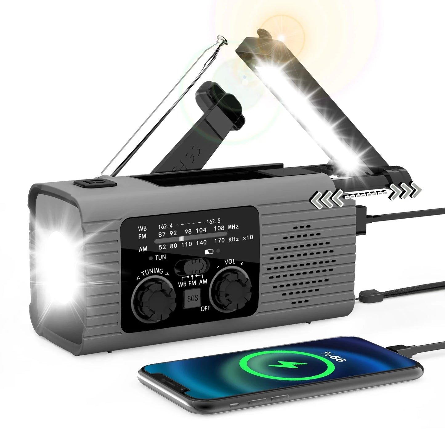 SOS Alarm Emergency Hand Crank Radio AM/FM NOAA Solar Power USB Chargeable 4000mAh Power Bank Portable Radio with LED Flashlight