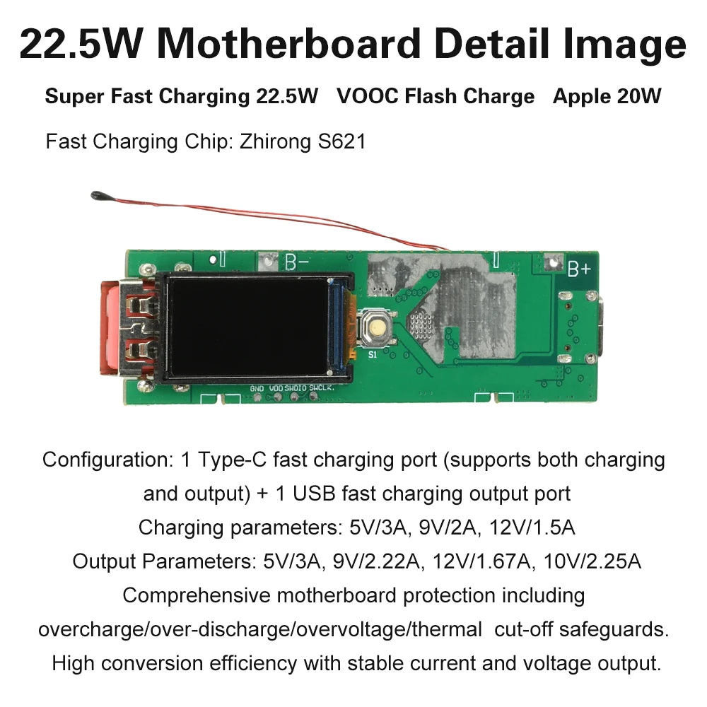 22.5W Fast Charging DIY Power Bank Kit 0.96" TFT Color Screen Dual USB Type-C for 21700 Battery Multi-Protocol Portable Charger