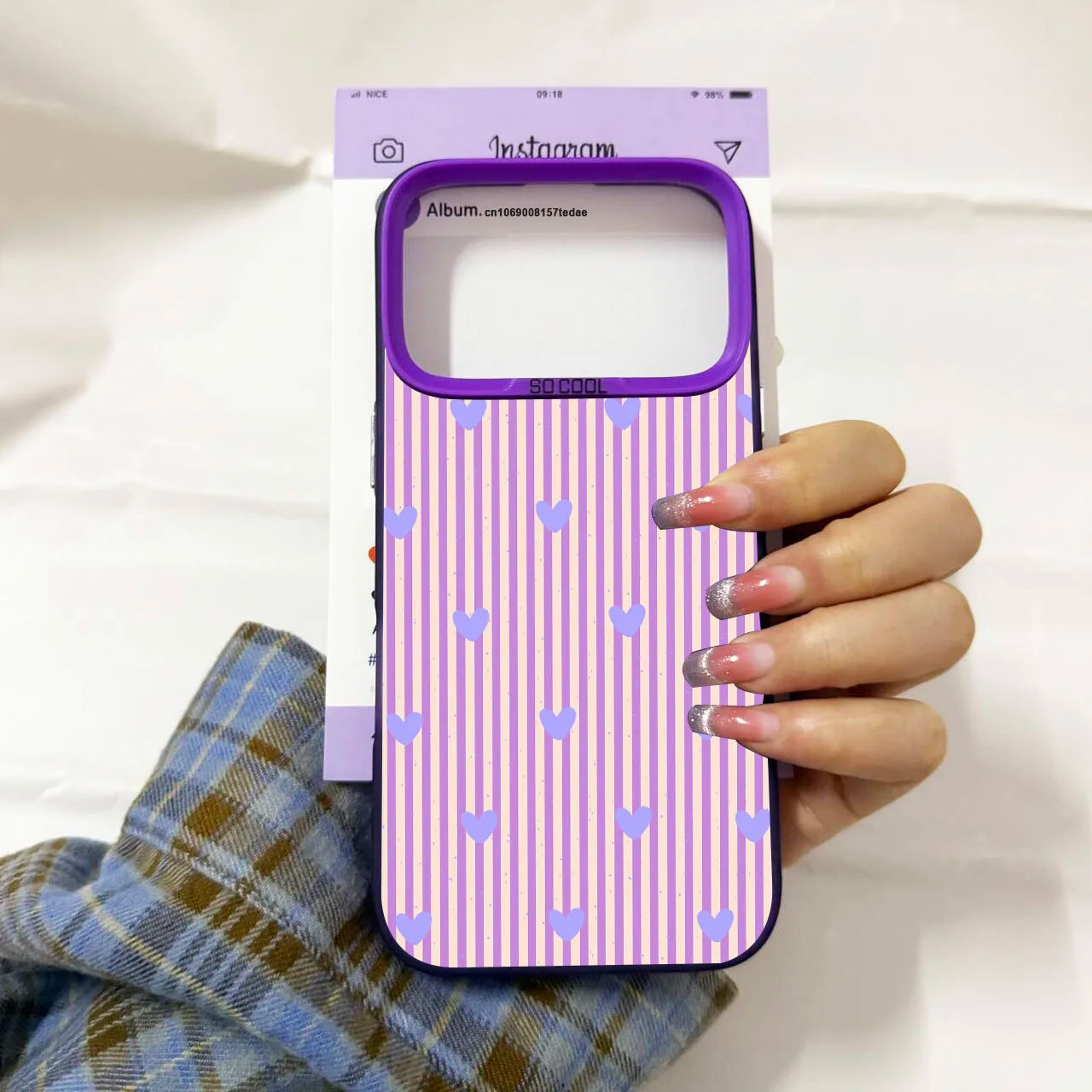 Simple Cute Pink White Plaid Love Heart Phone Case For iPhone 17 Air 16 Pro MAX 14 Plus 15 13 11 12Mini Stripes Design IMD Cover