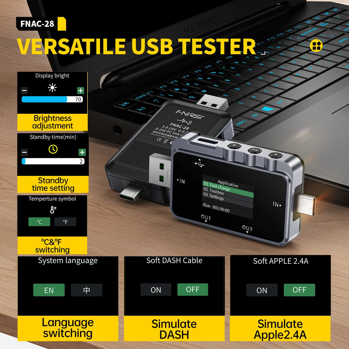 FNIRSI FNAC-28  Type-C USB Tester  2-IN-1 Digital Voltmeter Ammeter Amperimetor Voltage Current Meter Power Bank Charger Measure