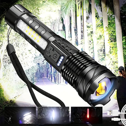 XHP50 20000LM Tactical Flashlight: Zoomable, USB Rechargeable, COB Side Light, Aluminum Alloy, Waterproof, Strike Bezel