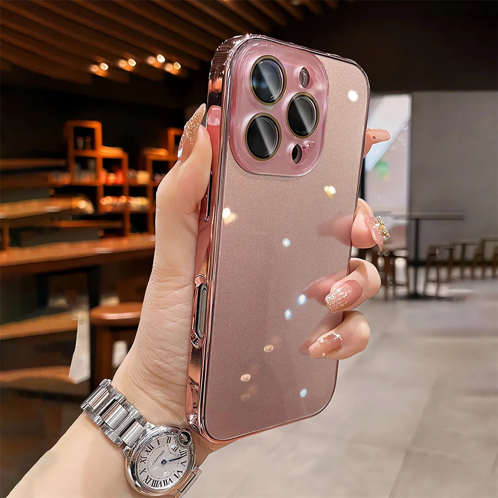 Luxury Plating Bumper Armor Glossy Case For iPhone 11 12 13 14 15 16 17 Pro Max Crystal Glass Lens Protection Hard Cover