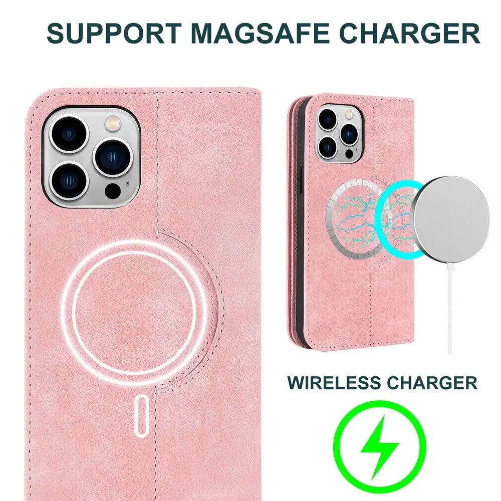 For iPhone 12 13 14 15 Pro Max 14 Plus 13Mini Flip Leather Wallet Card Slot MagSafe Charging Case Cover