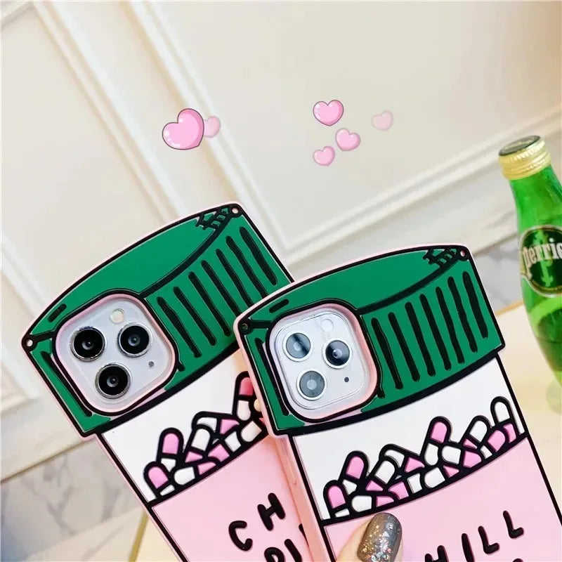 For iPhone 16 promax 15 14 Pro Max 13 12 11 3D Cartoon Chill Pills Phone Case Medicine Bottle Soft Silicone Cover