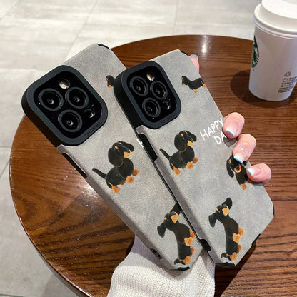 Cute Happy Dog Silicone Leather Phone Case For iPhone 14 12 11 13 15 Pro Max Mini 16 Plus 17 ProMax Air Soft Shockproof Cover