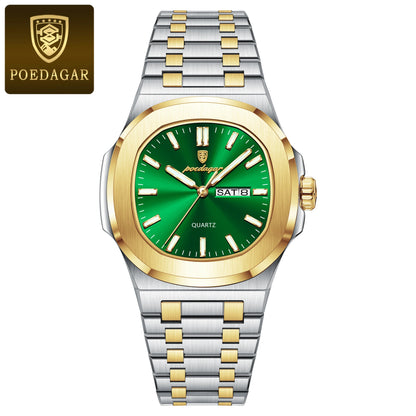 POEDAGAR Classic Square Men Wristwatch Waterproof Luminous Date Week Casual Man Clock Stainless Steel Men's Quartz Watches Reloj