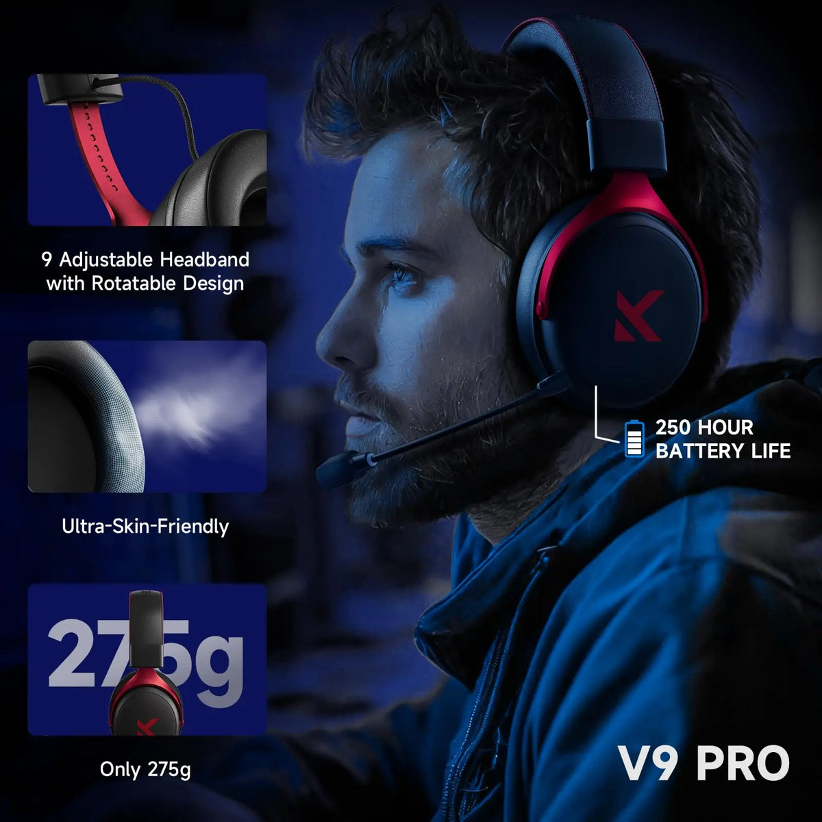 MCHOSE V9 Pro Wireless Gaming Headset Surround Sound Headphones Noise Canceling Mic Low Latency Lightweight for PS5 PC SWITCH