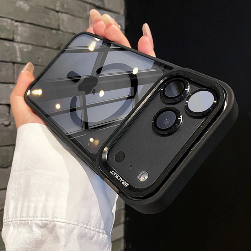 Luxury Lens Holder Transparent Magnetic Wireless Charge Case For iPhone 11 12 13 14 15 16 17 Air Pro Max Plus Shockproof Cover