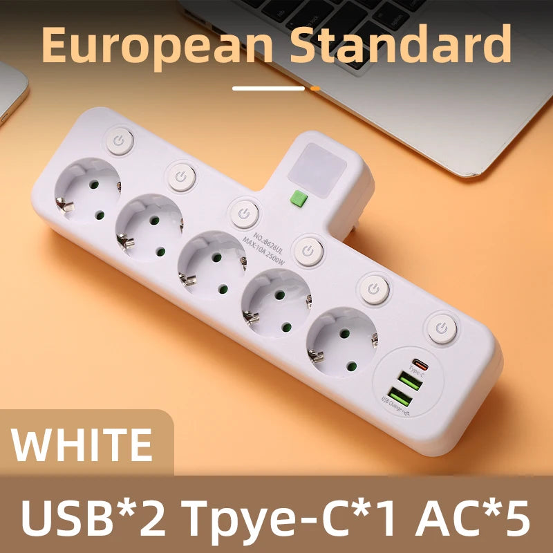 EU Plug AC Outlets Multitap Socket 2M Extension Cord Electrical Power Strip USB Type C Fast Charging Network Filter Adapter 1pc