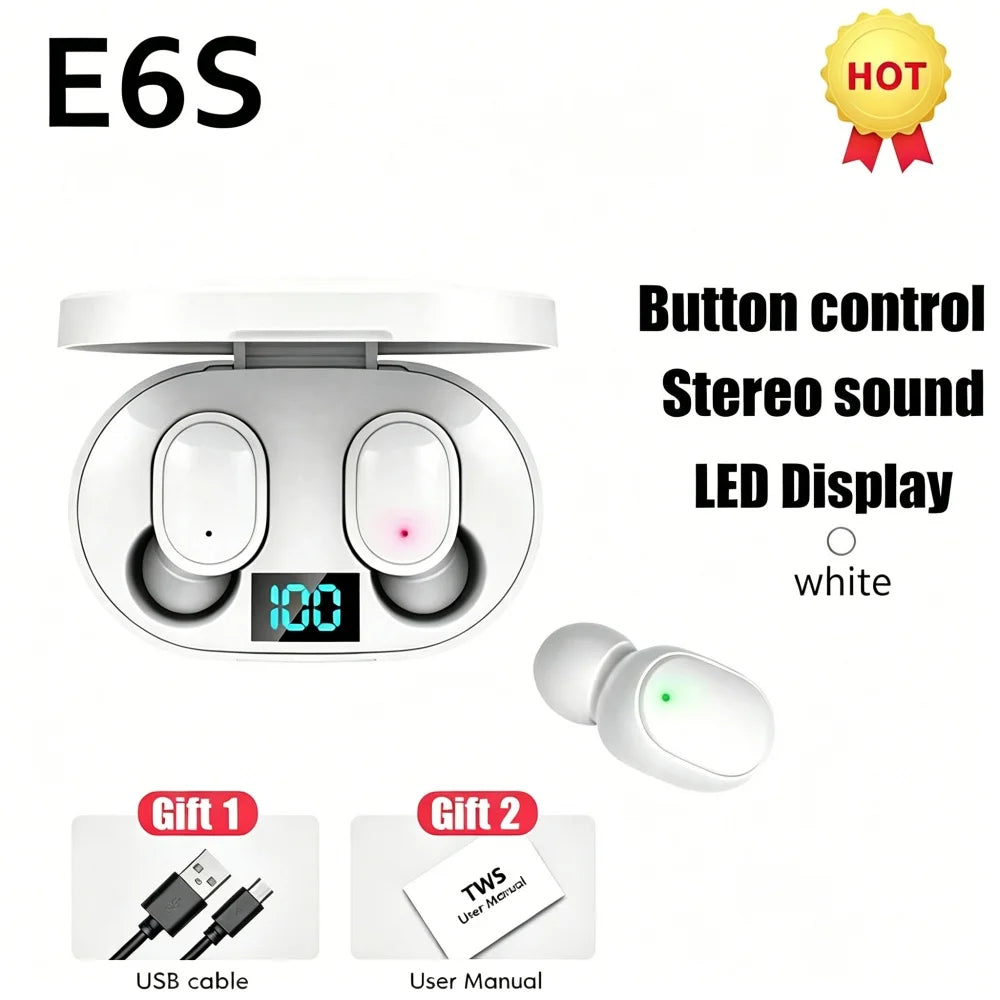 Wireless Bluetooth Earphones for Smartphones E6S TWS Digital Display Noise Cancelling Earbuds with Mic HiFi Stereo Sound Headset