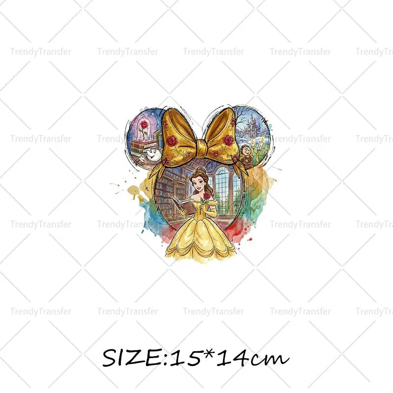 Mouse Head Princess Iron on Transfers for Clothes Heat Press Stickers Thermal Patches on Tees