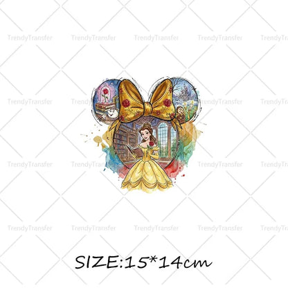 Mouse Head Princess Iron on Transfers for Clothes Heat Press Stickers Thermal Patches on Tees