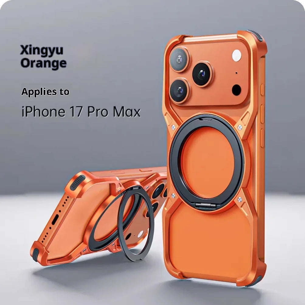 For iPhone 17 Pro Max 17Pro For MagSafe Orange Aluminum Alloy Magnetic Stand Phone Case Removable  Metal Rimless Bumper Cover