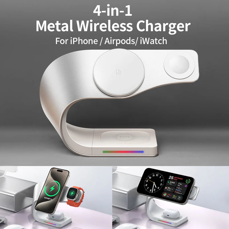 Qi 15W Magnetic Wireless Charger 4 in 1 Metal Shell 15W Fast Charging Station Stand for iPhone 12-17 Mobile Phones Airpods Watch