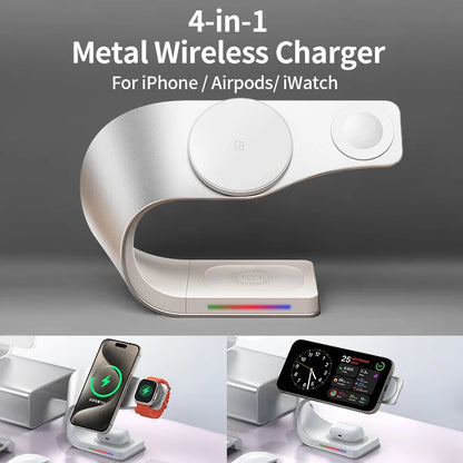 Qi 15W Magnetic Wireless Charger 4 in 1 Metal Shell 15W Fast Charging Station Stand for iPhone 12-17 Mobile Phones Airpods Watch