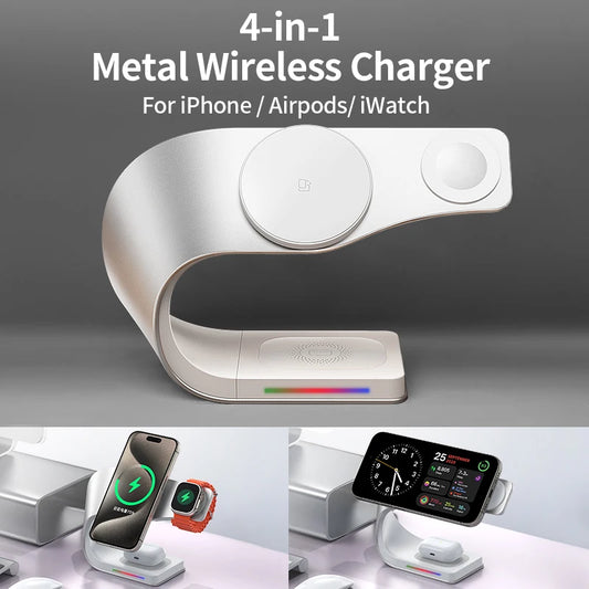 Qi 15W Magnetic Wireless Charger 4 in 1 Metal Shell 15W Fast Charging Station Stand for iPhone 12-17 Mobile Phones Airpods Watch