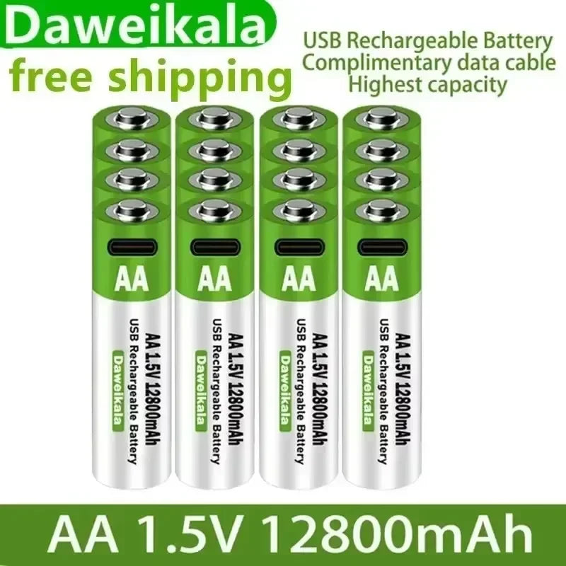 2024 New 1.5V AA USB Rechargeable Battery 12800 mAh Li-ion Battery for Remote Control Mouse Electric Toy Battery + Type-C Cable