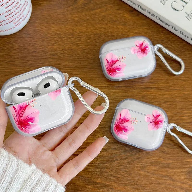 Pink Hibiscus Flower Clear Case for AirPods 4/3/2/1 Earphone Case with Carabiner,Airpod Pro2/Pro3/Pro Shockproof Headphone Case