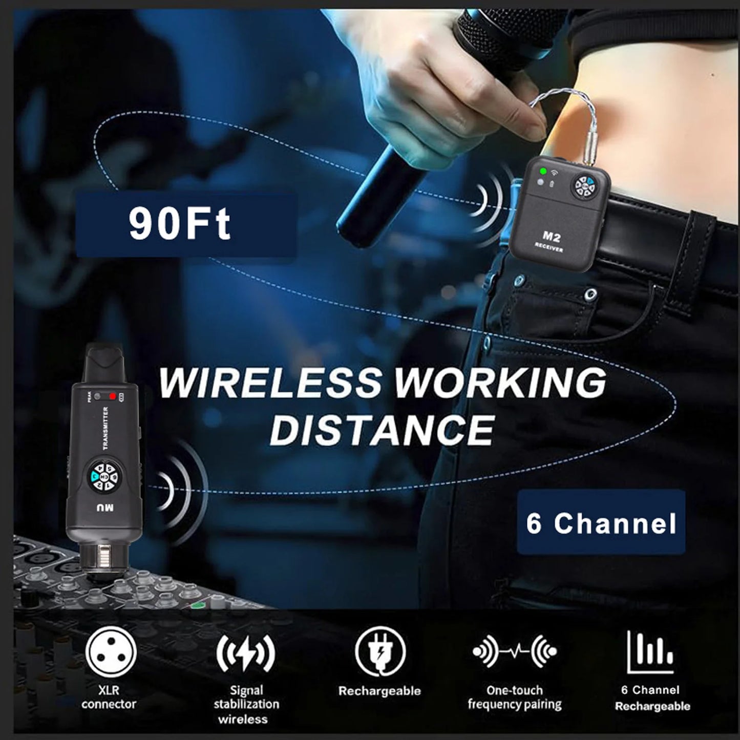 2.4GHz Wireless In-Ear Monitor System Transmitter Receiver Set 6 Channel Adjustable Frequency with Monitor Earphones Plug
