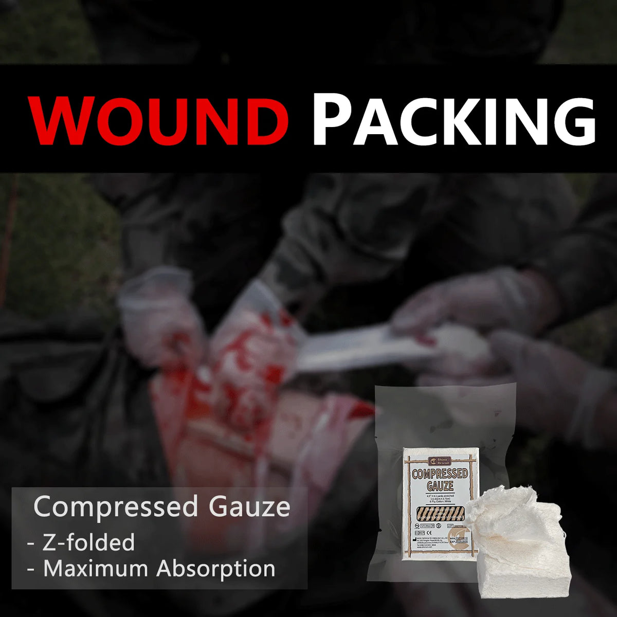 Rhino Rescue Compressed Gauze For Emergency Sterile Wound Dressing First Aid For Camping Hiking