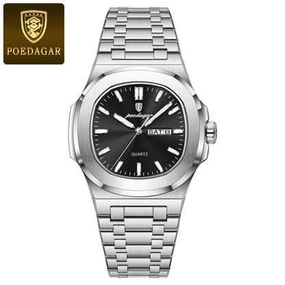 POEDAGAR Classic Square Men Wristwatch Waterproof Luminous Date Week Casual Man Clock Stainless Steel Men's Quartz Watches Reloj