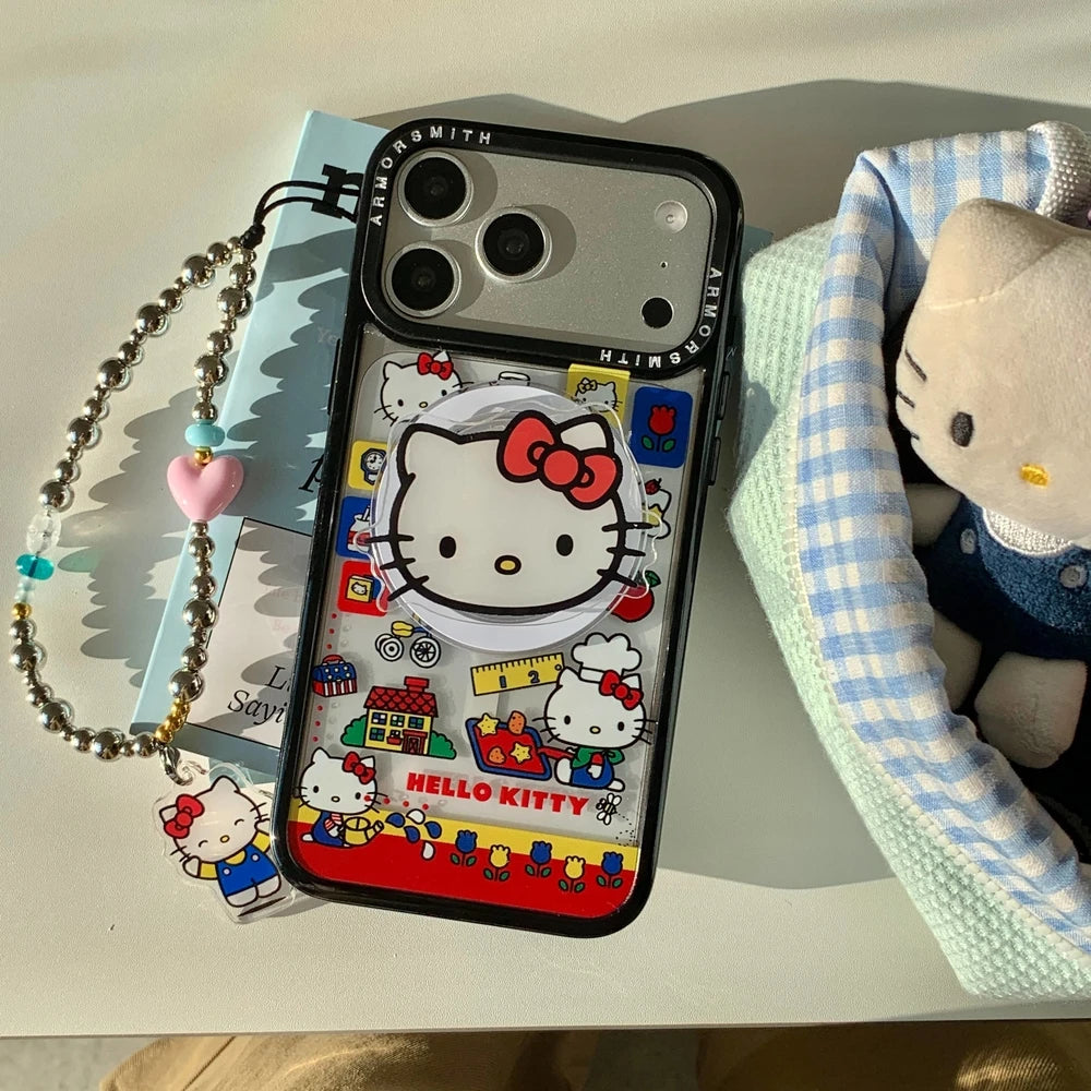 Sanrio Hello Kitty Magnetic Holder Wireless Charge Cute Cartoon Phone Case For iPhone 17 16 15 14 13 12 11 Pro Max Hard Cover