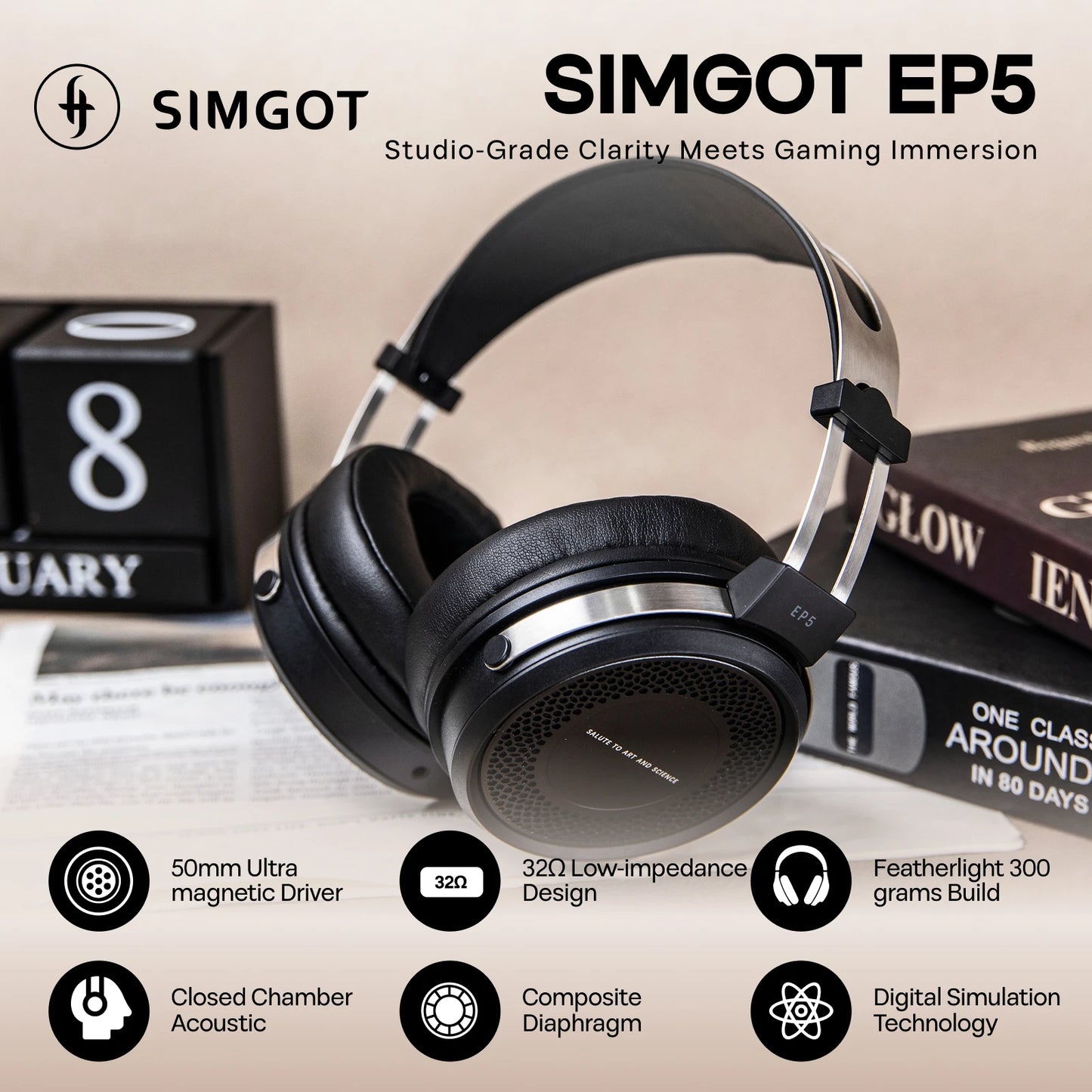 SIMGOT EP5 High-Performance 50mm Dynamic Driver Headphones with Low-Impedance, High-Sensitivity Design