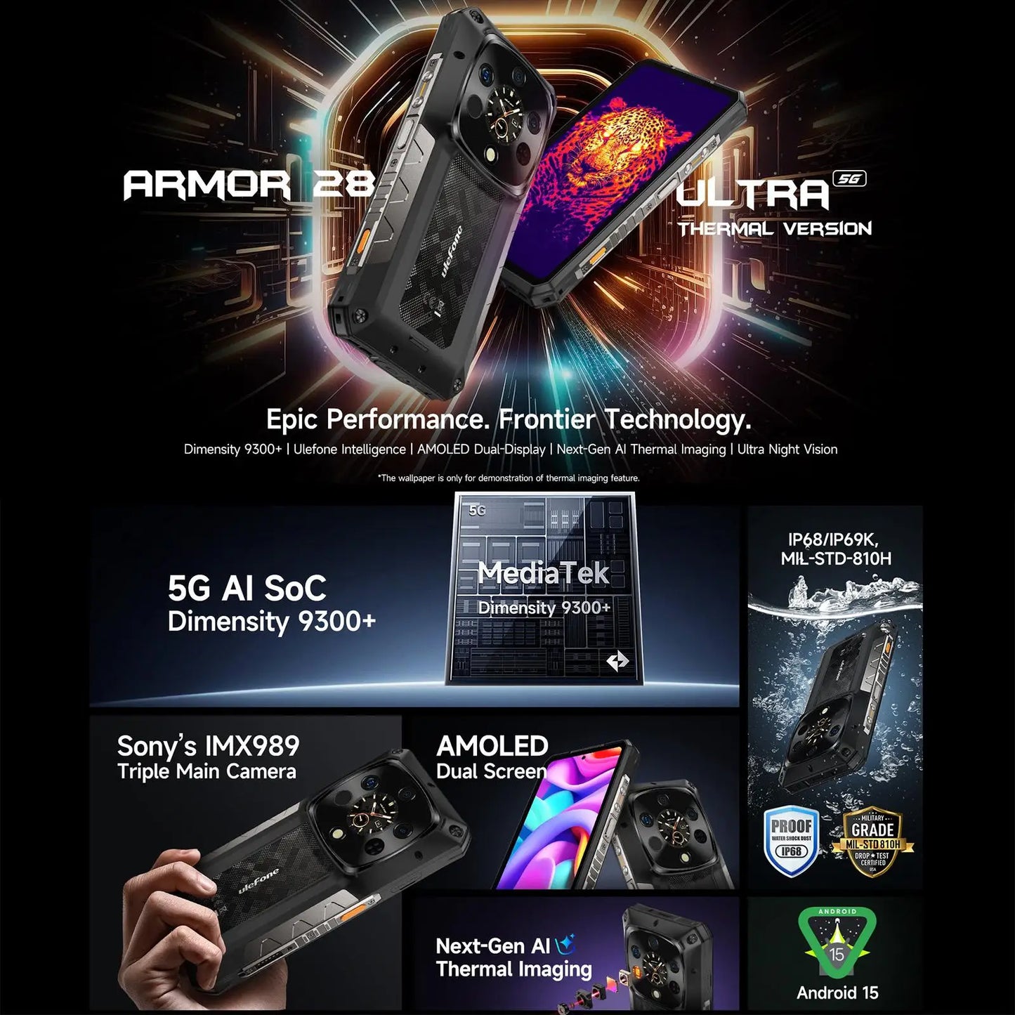 Ulefone Armor 28 Ultra 5G AI Thermal Imaging Rugged Phone 16GB+1TB Smartphone Android 14 AMOLED 6.67" Dimensity 9300+ 120W 5G
