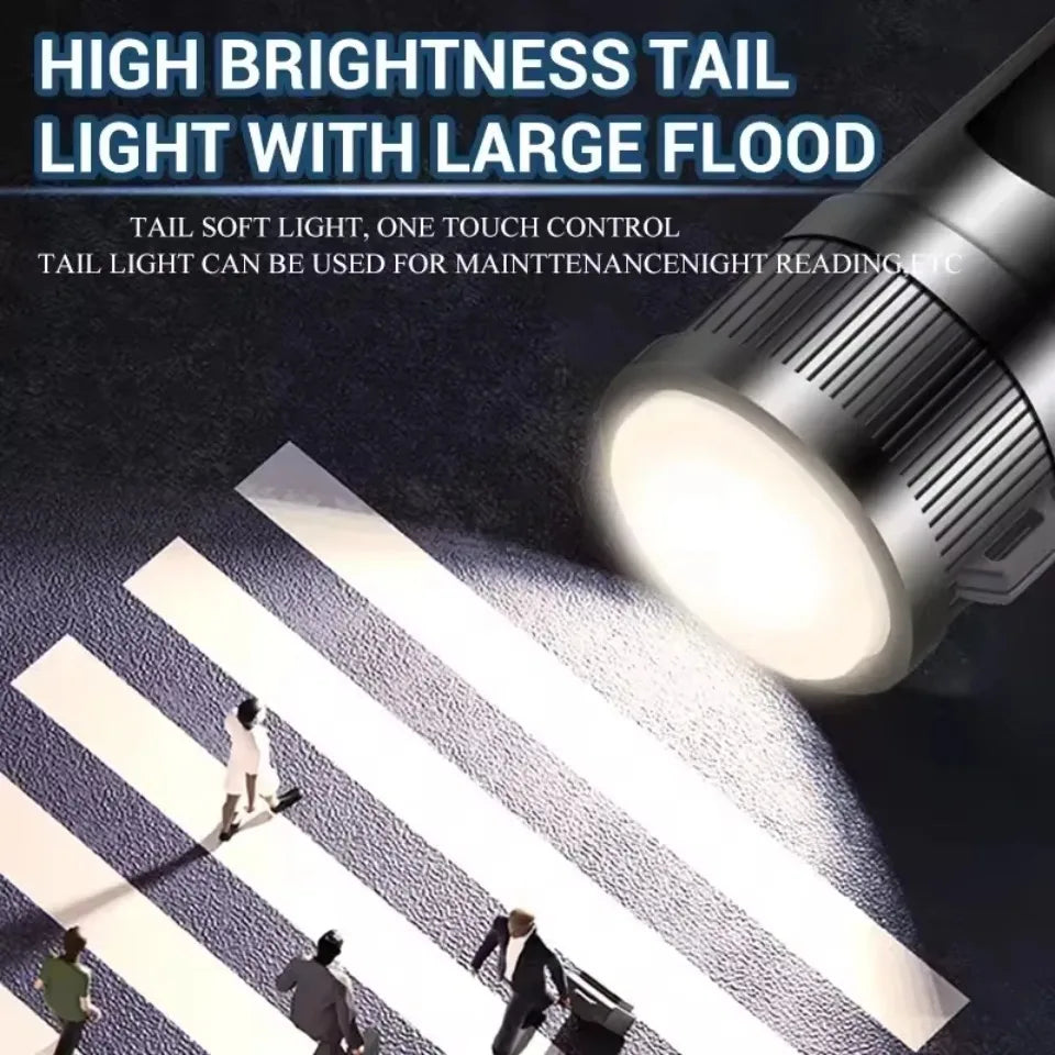 Powerful P70 LED Flashlights, Ultra Bright Tactical Light, Emergency Spotlights, Telescopic Zoom Light, Built-in Battery, 5000LM
