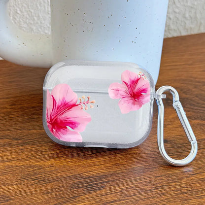 Pink Hibiscus Flower Clear Case for AirPods 4/3/2/1 Earphone Case with Carabiner,Airpod Pro2/Pro3/Pro Shockproof Headphone Case