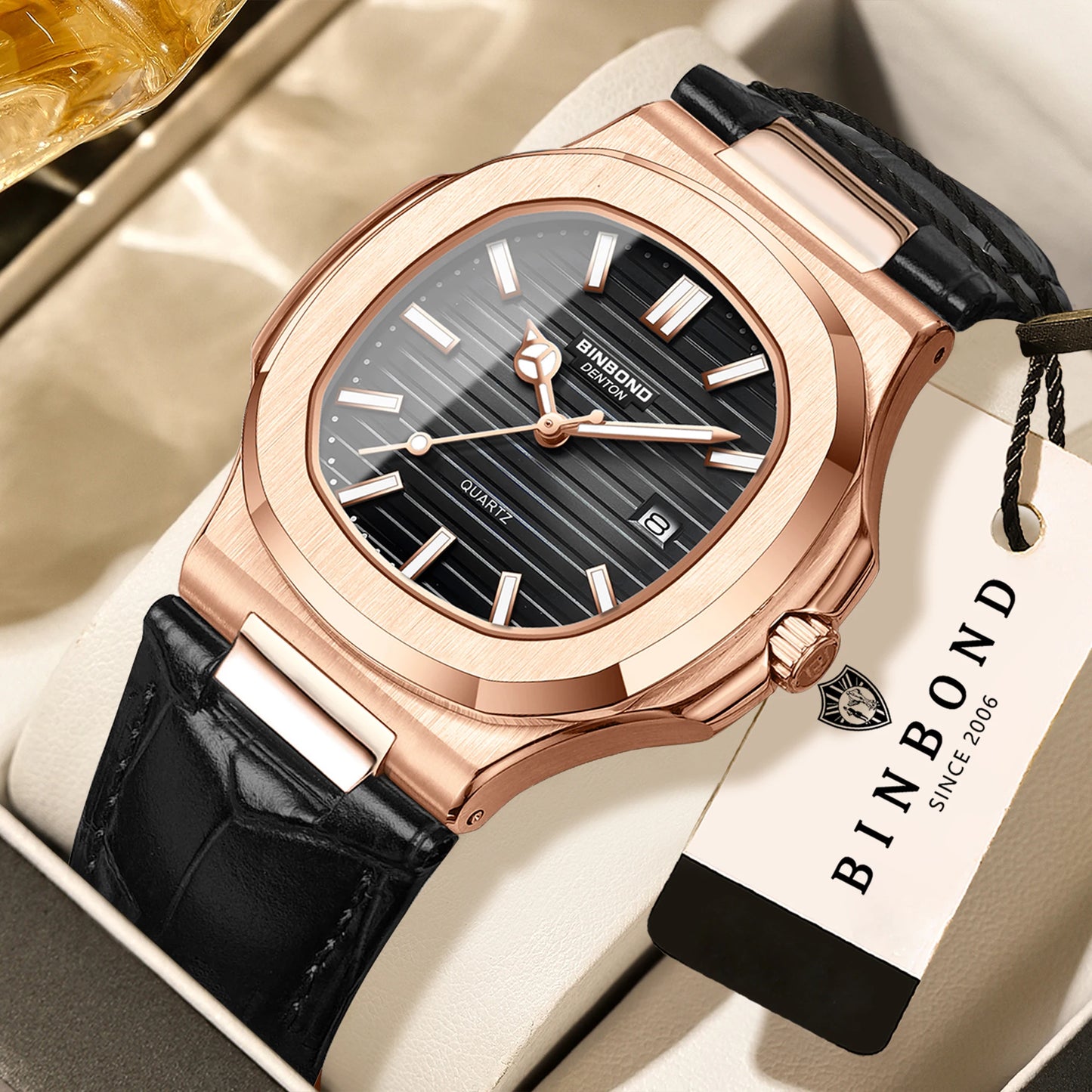 BINBOND precise quartz wristwatches for men luxury luminous waterproof auto date leather strap durabble men's watch casual reloj