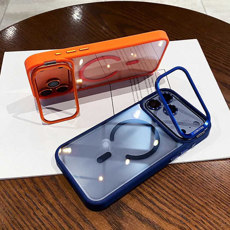 Luxury Lens Holder Transparent Magnetic Wireless Charge Case For iPhone 11 12 13 14 15 16 17 Air Pro Max Plus Shockproof Cover