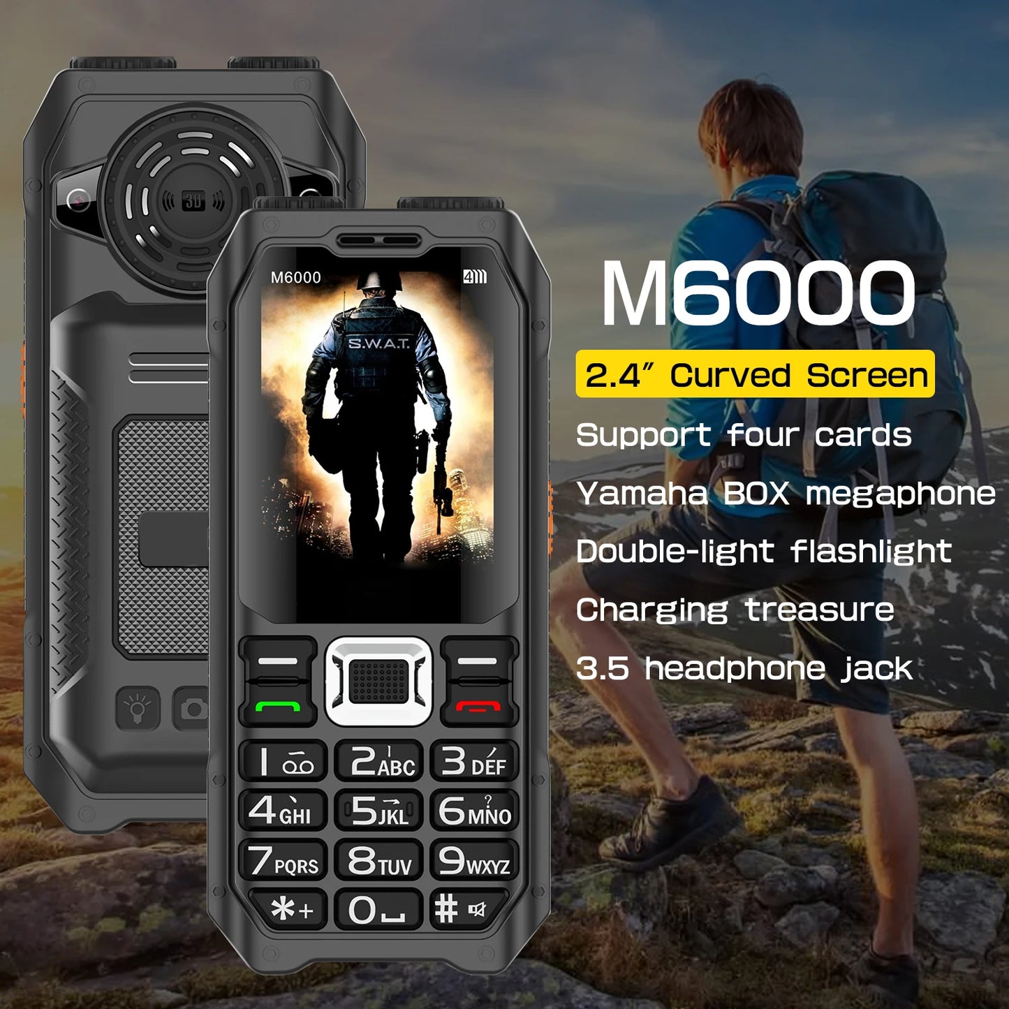 Durable Outdoor Senior Phone Magic Voice 4 Quad Sim Cards Large Battery Powerbank Speed Dial Big Button Loud Voice Dual Torch