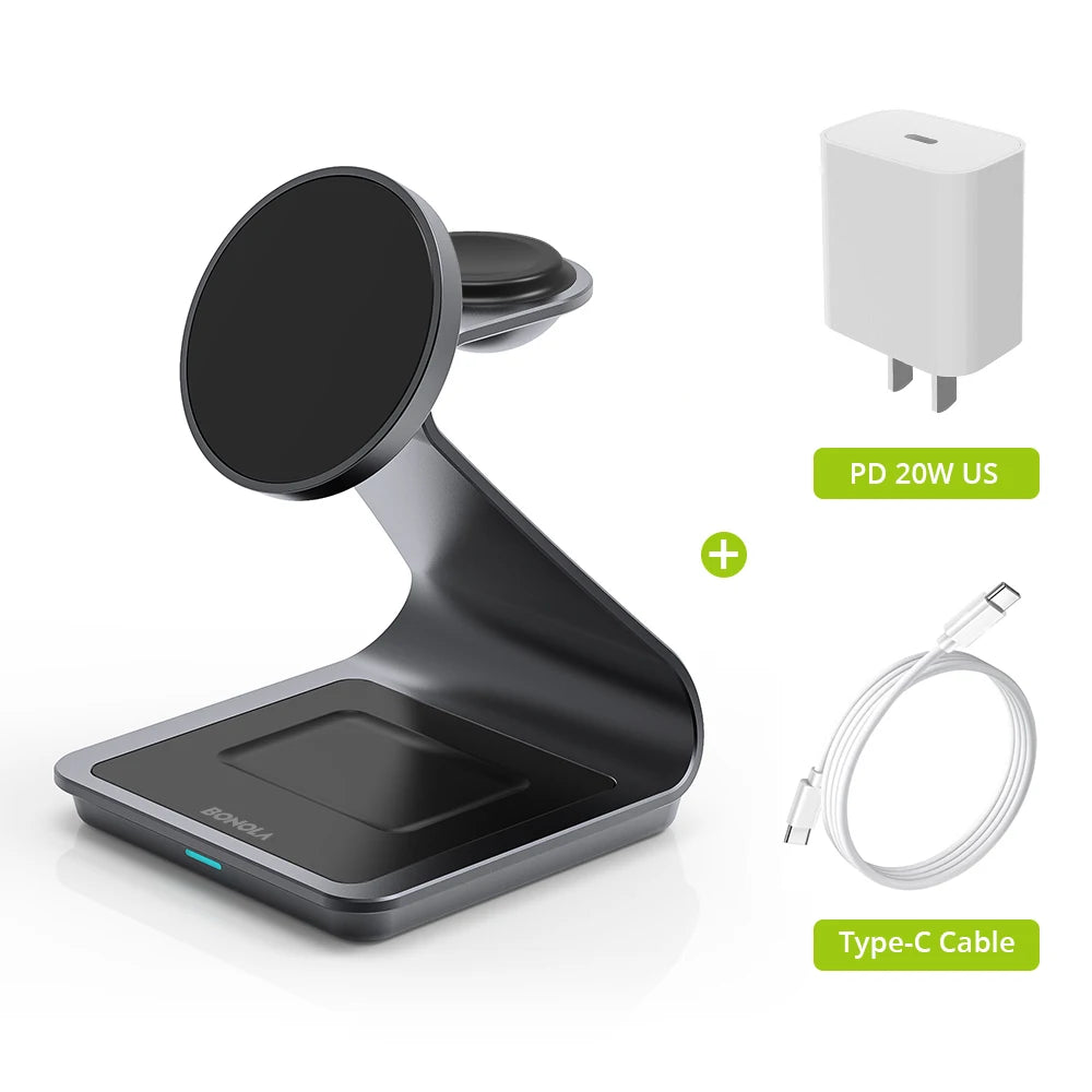 Bonola Magnetic 3 in 1 Charger Metal Stand for iPhone 14/15/16/17 Pro Fast Wireless Charging Desk Holder for Apple Watch/AirPods