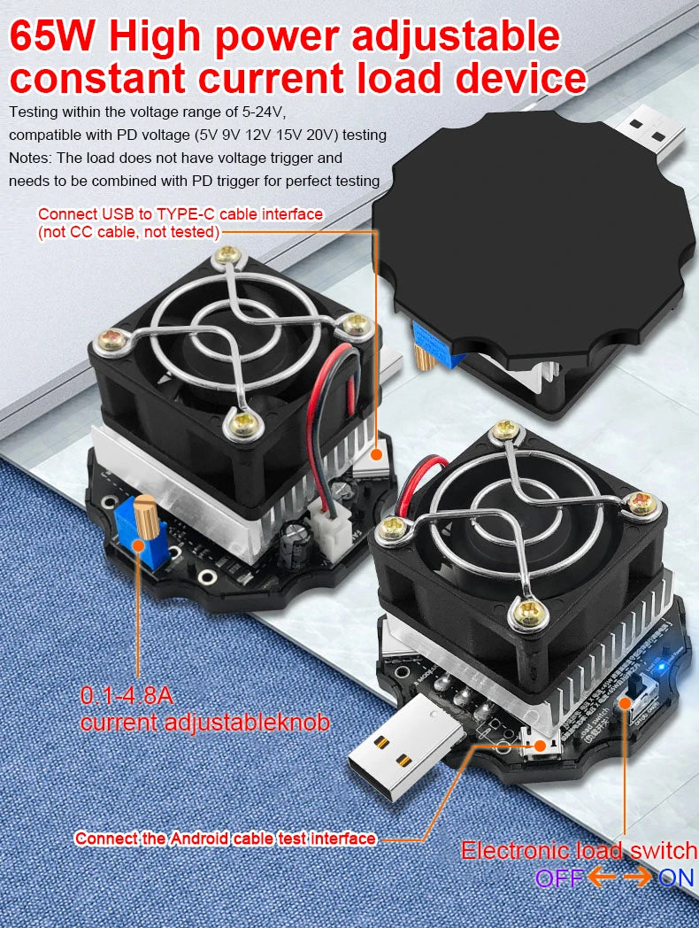 65W Electronic Load USB Tester DC5-24V Type-C Voltmeter Tester With PD3.1 Voltage Trigger Charger Power Bank Capacity Detector
