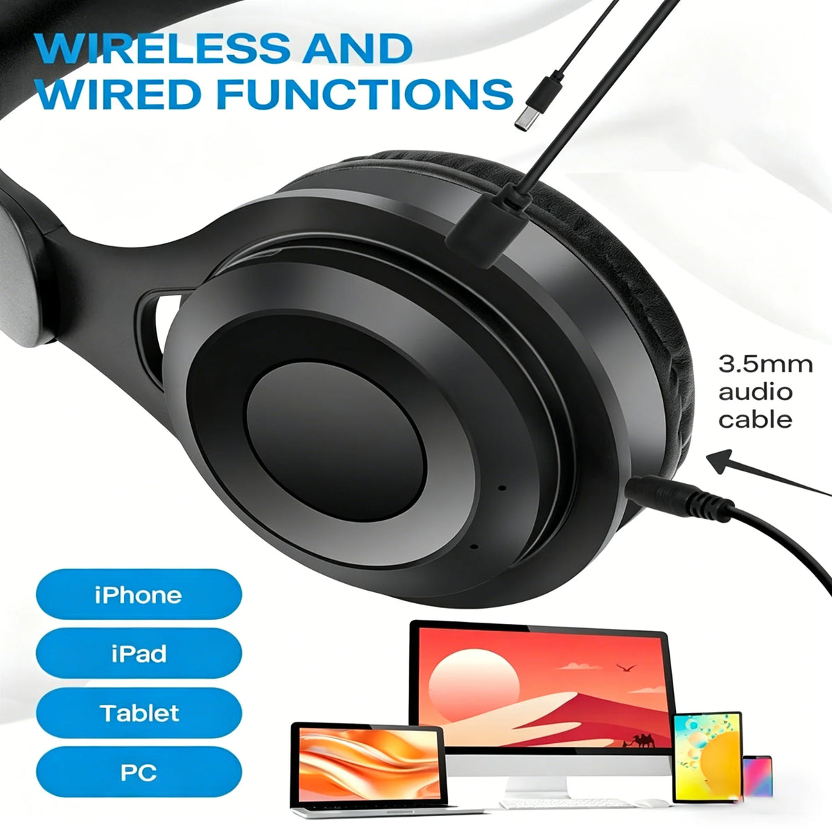 High Fidelity Bluetooth Wireless Headset, Clear Stereo Sound Over Ear Headphones with Built-in HD Mic, Stable Connection
