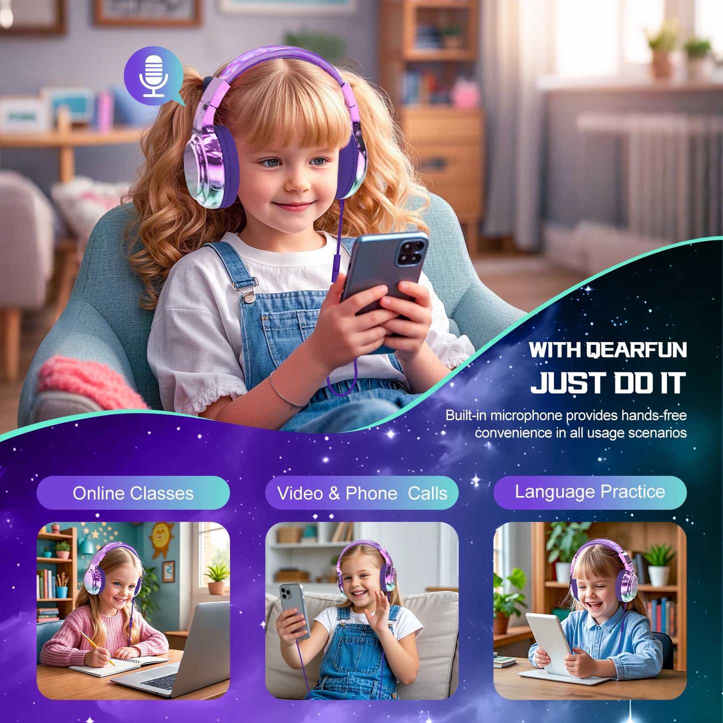 Kids Headphones Wired for School 85/94dB Volume Limiter Foldable Stereo Sound Headset with Mic for Kids Girls Learning Tablet PC