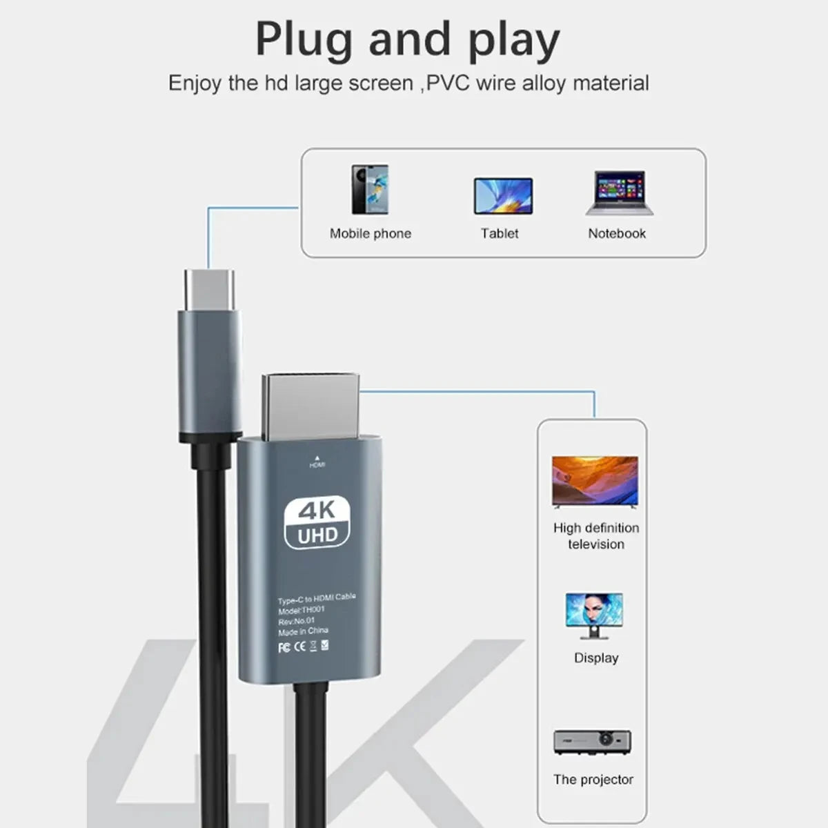 2M Type-C to HDTV Adapter Cable 4K 60Hz HD Video Sync Cord PVC for Computer Laptop Monitor Projector Screen Output Accessory