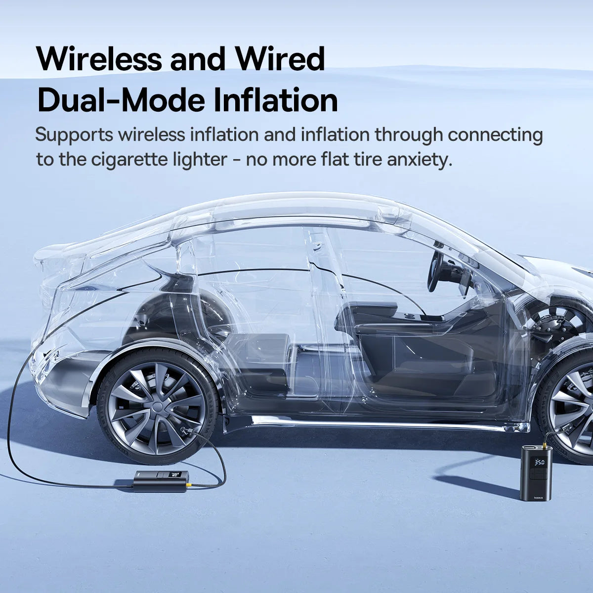 Baseus 2 in 1 Car Air Pump Wired/Wireless Car Air Compressor Dethable Flashlight 6000mAh Portable Tire Inflator Pump for Car