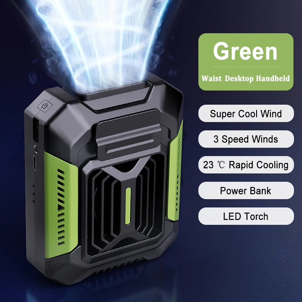 Portable Waist Fan Mini Hanging Neck Fan USB Rechargeable Fan Small Outdoor Camping Waist Clip Fan with LED Light Power Bank