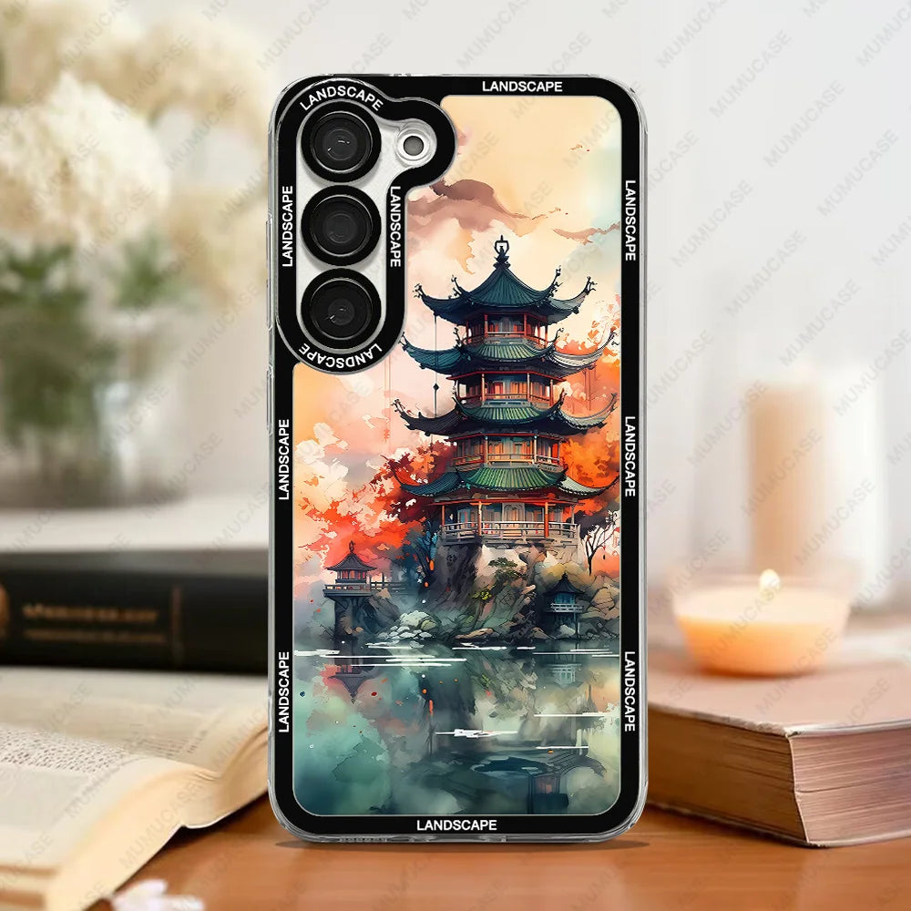 Phone Case For Samsung Galaxy S20 S21 S22 S23 S24 FE Plus Ultra A54 A53 A52 A34 5G TPU Soft Cover Japanese Landscape