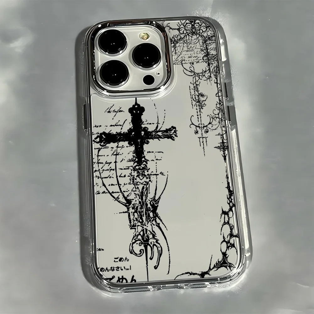 Luxury Dark Gothic Cross Mark Phone Case For iPhone 17 16e 16 15 14 13 12 11 mini Pro Max X XR XSMAX 8 7 Air Plus Soft Cover