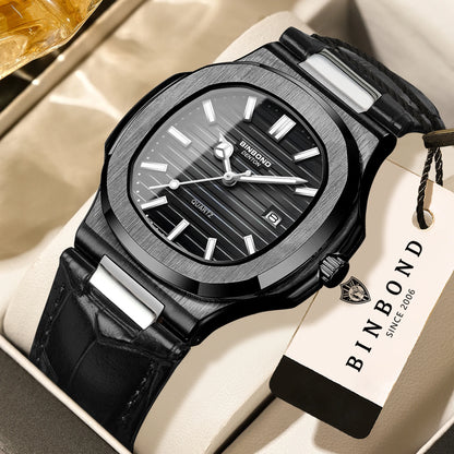 BINBOND precise quartz wristwatches for men luxury luminous waterproof auto date leather strap durabble men's watch casual reloj