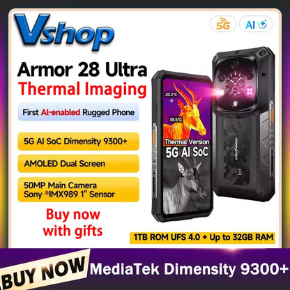 Ulefone Armor 28 Ultra 5G AI Thermal Imaging Rugged Phone 16GB+1TB Smartphone Android 14 AMOLED 6.67" Dimensity 9300+ 120W 5G
