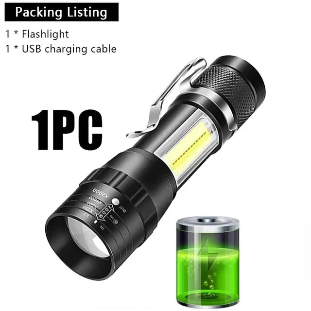USB Rechargeable Mini Flashlight COB+XPE Portable Built-in Battery Zoomable Small Torch 3 Mode Camping Emergency Flashlights
