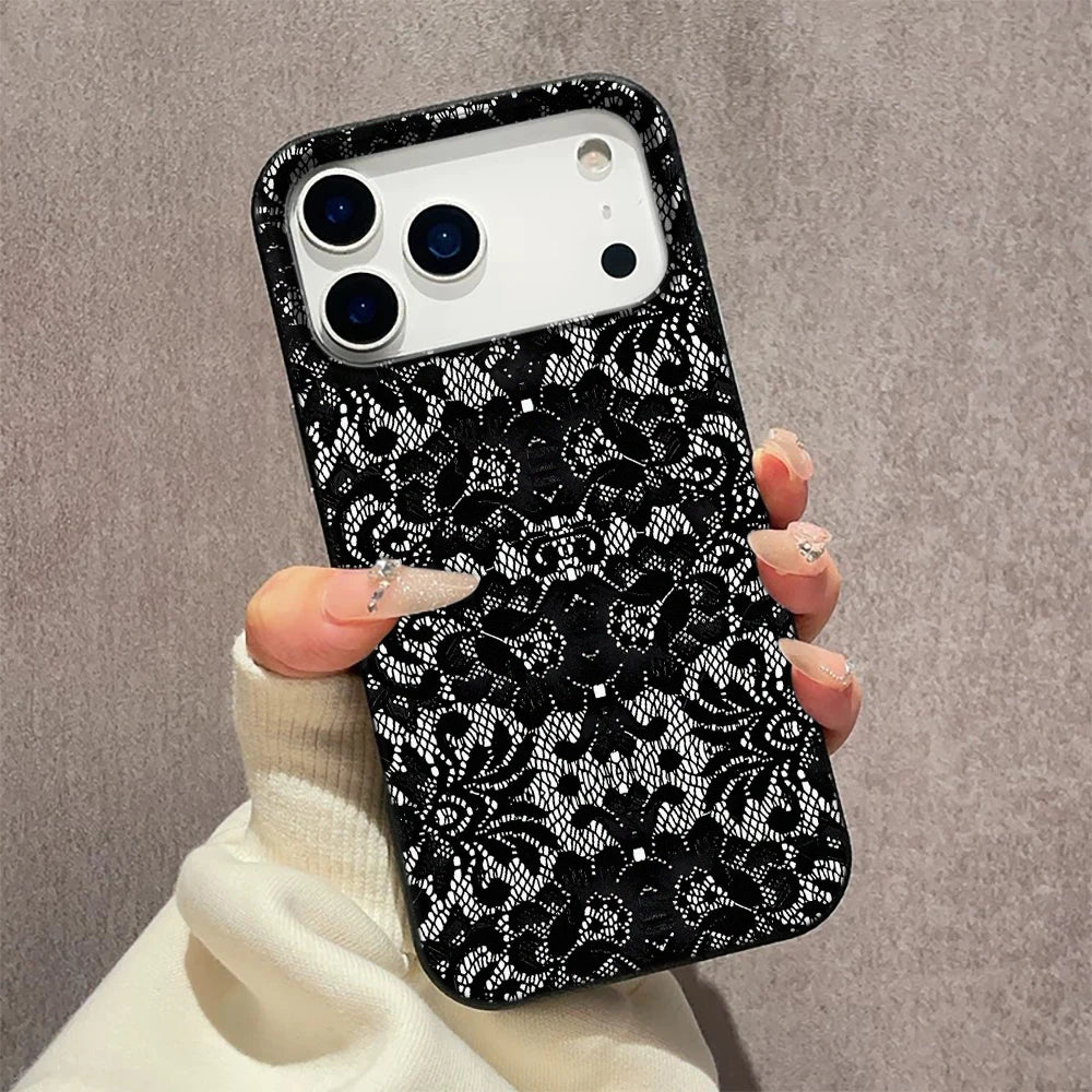 Black Lace Pattern Mobile Phone Case For iPhone 17 Air 16 15 14 13 12 11 17 Pro Max 15 Plus 14 Pro Cartoon Soft Cover
