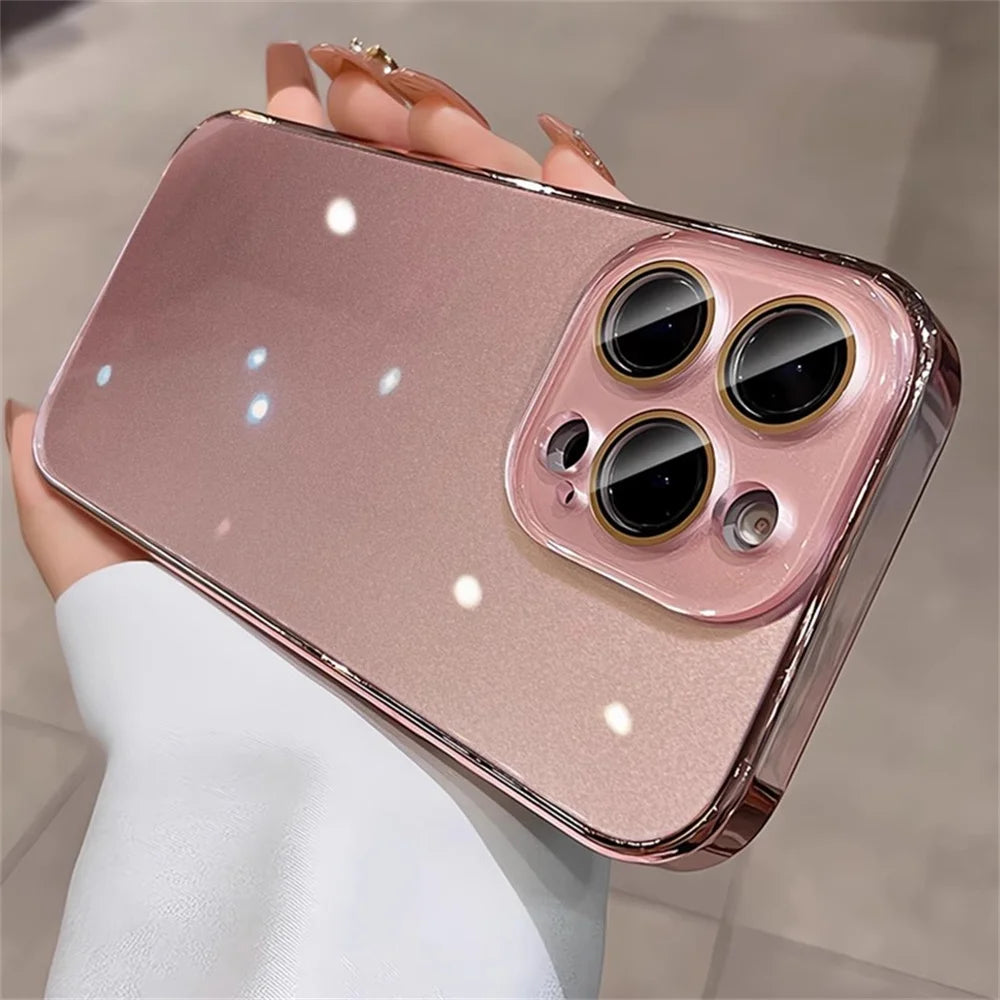 Luxury Plating Bumper Armor Glossy Case For iPhone 11 12 13 14 15 16 17 Pro Max Crystal Glass Lens Protection Hard Cover