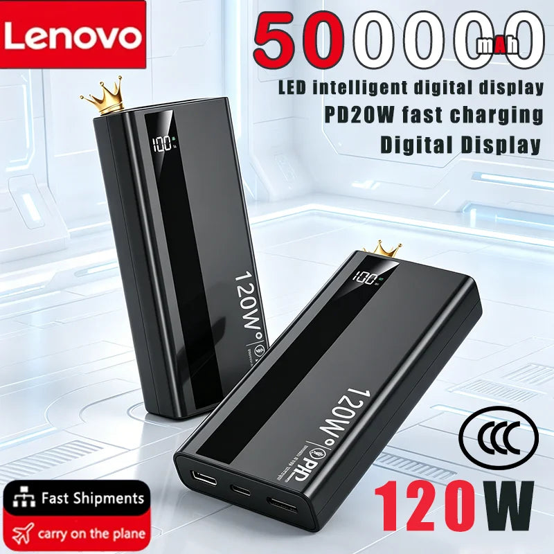 Lenovo 500000mAh Large Capacity Power Bank 120W Super Fast Charging Portable Backup Battery for Smartphone Outdoor Use