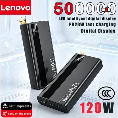 Lenovo 500000mAh Large Capacity Power Bank 120W Super Fast Charging Portable Backup Battery for Smartphone Outdoor Use