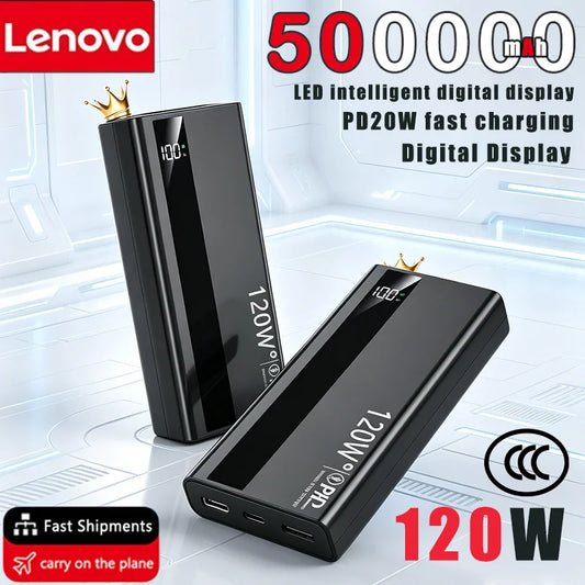 Lenovo 500000mAh Large Capacity Power Bank 120W Super Fast Charging Portable Backup Battery for Smartphone Outdoor Use